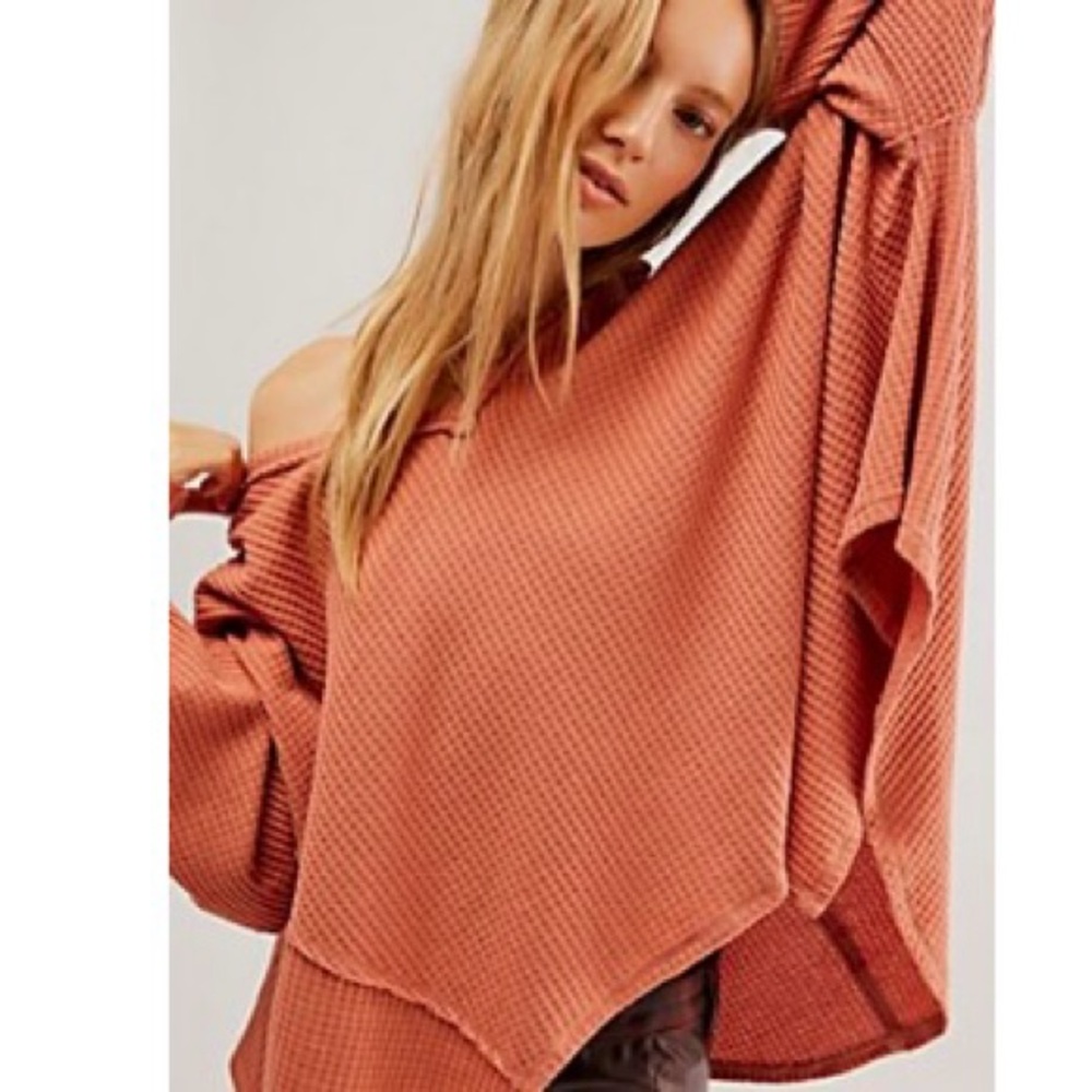 Free People We The Free Coral Coraline Thermal Waffle Top SIZE M